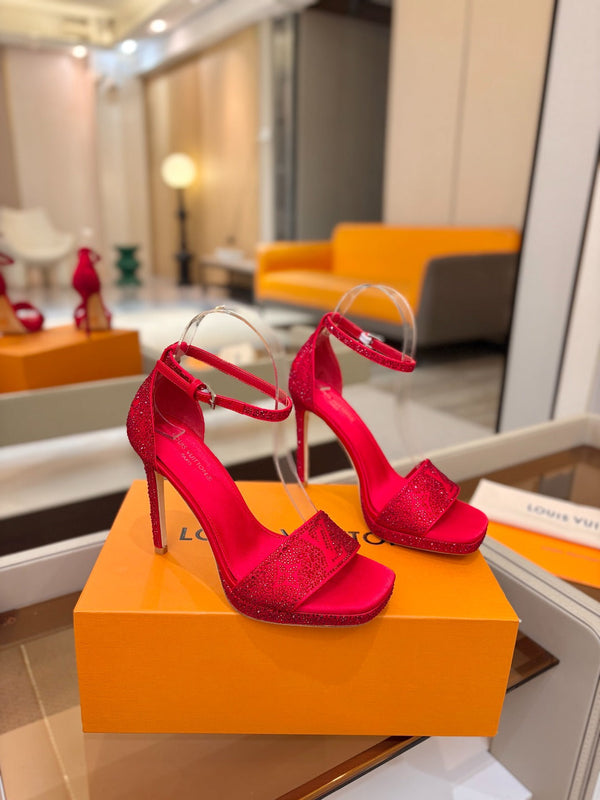 LV Sandals 11cm Red Silk Rhinestone 844391