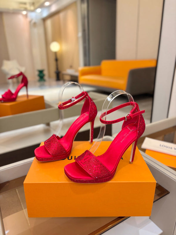 LV Sandals 11cm Red Silk Rhinestone 844391