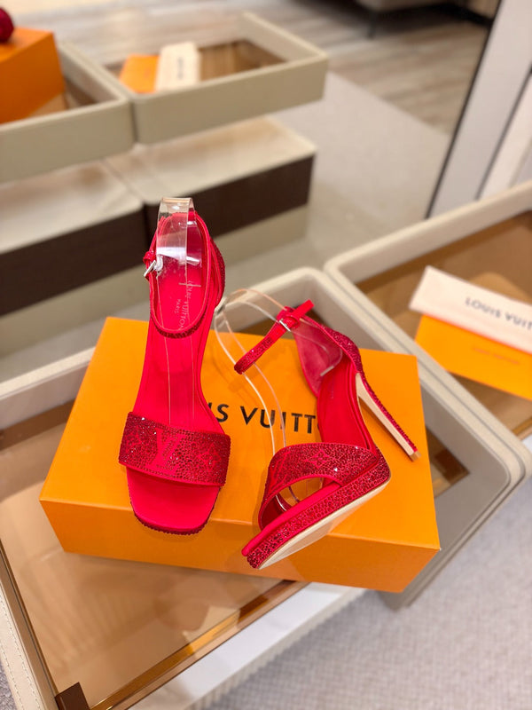 LV Sandals 11cm Red Silk Rhinestone 844391