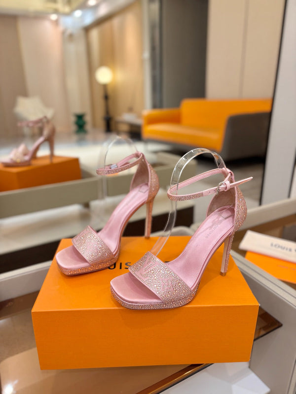 LV Sandals 11cm Pink Silk Rhinestone 844390