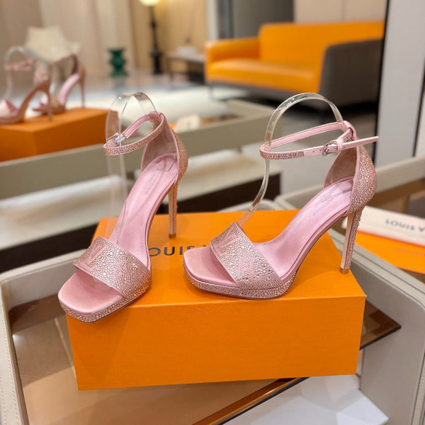 LV Sandals 11cm Pink Silk Rhinestone 844390