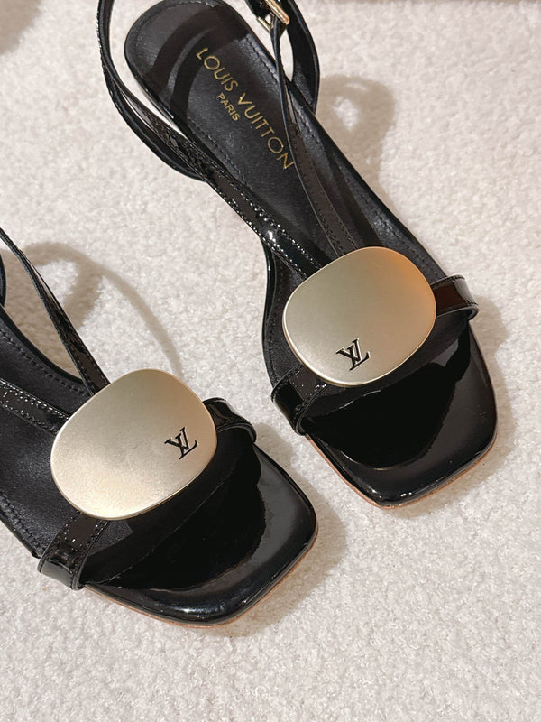 LV Thin Strap High Heel Sandals Logo Patent Leather 840381