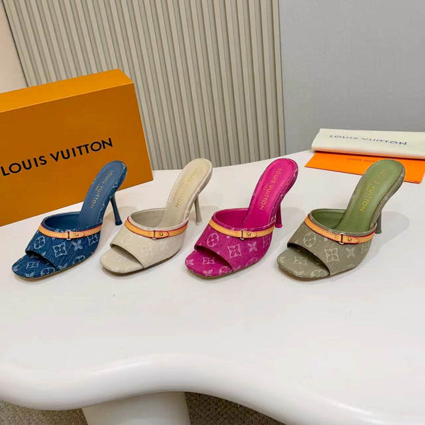 LV Monogram Kitten Heel Mule Sandals 10cm Canvas Leather 840357