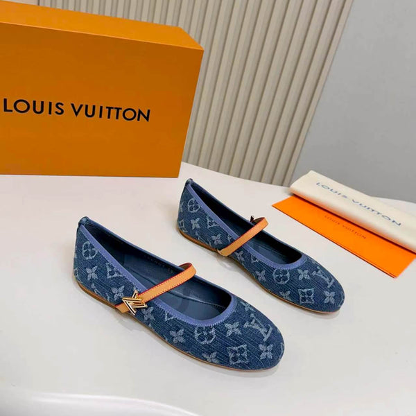LV Monogram Kitten Ballet Flats Blue Canvas Leather 840352