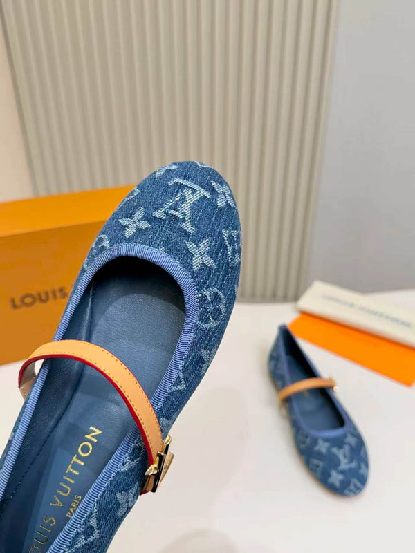 LV Monogram Kitten Ballet Flats Blue Canvas Leather 840352