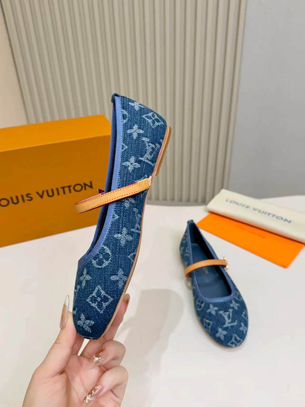 LV Monogram Kitten Ballet Flats Blue Canvas Leather 840352