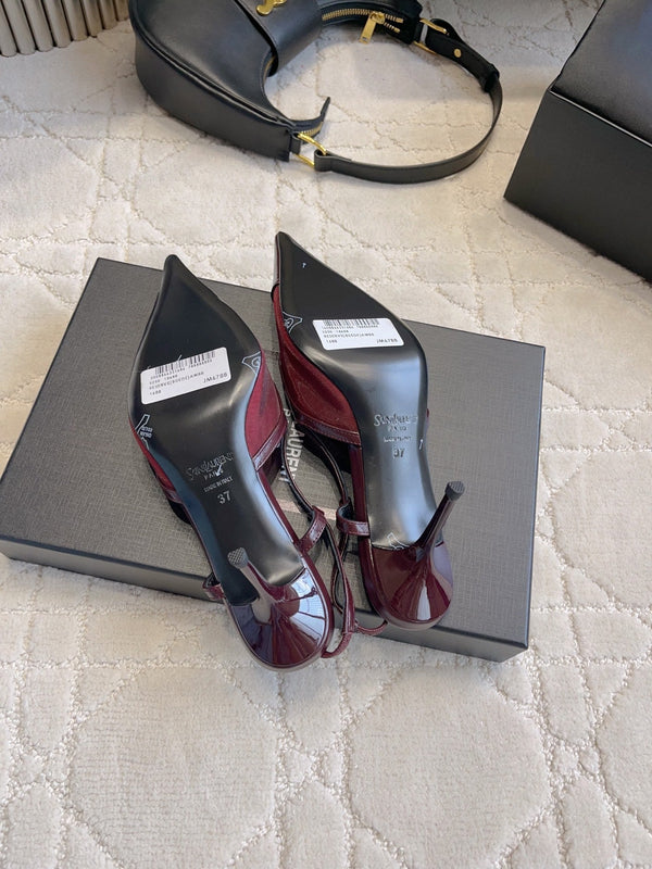 YSL Pointed-Toe Mesh Pumps 75mm Burgundy Cowhide & Mesh 851892