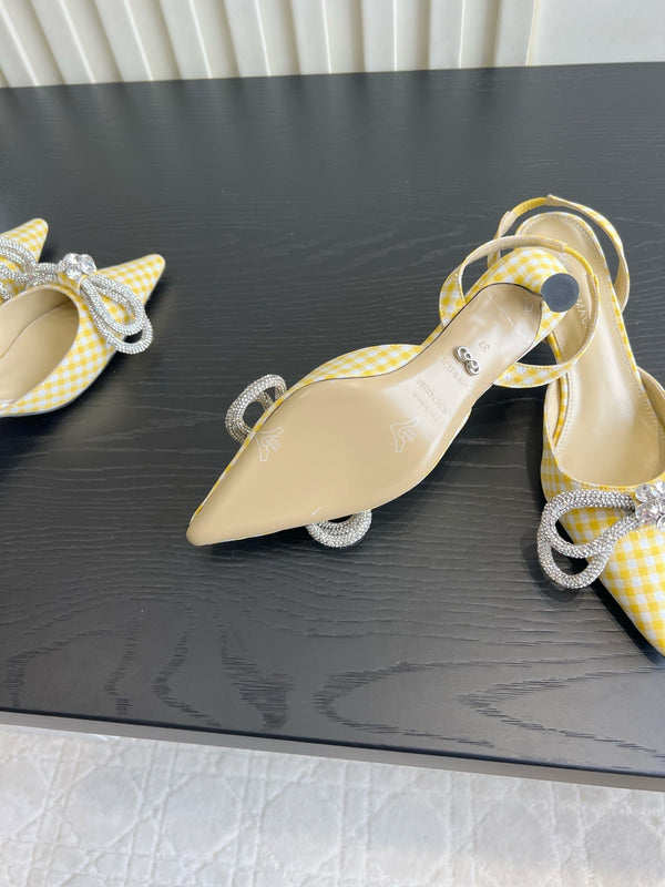Mach Gingham Bow Slingback Pumps Yellow White Fabric 851907