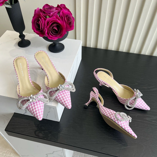Mach Gingham Bow Slingback Pumps Pink White Fabric 851906