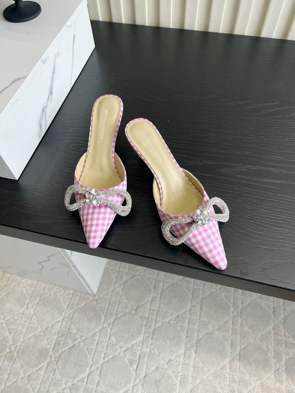 Mach Gingham Bow Slingback Pumps Pink White Fabric 851906