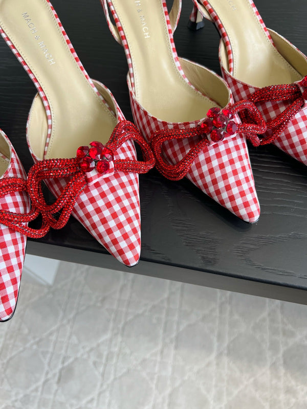 Mach Gingham Bow Slingback Pumps Red White Fabric 851905