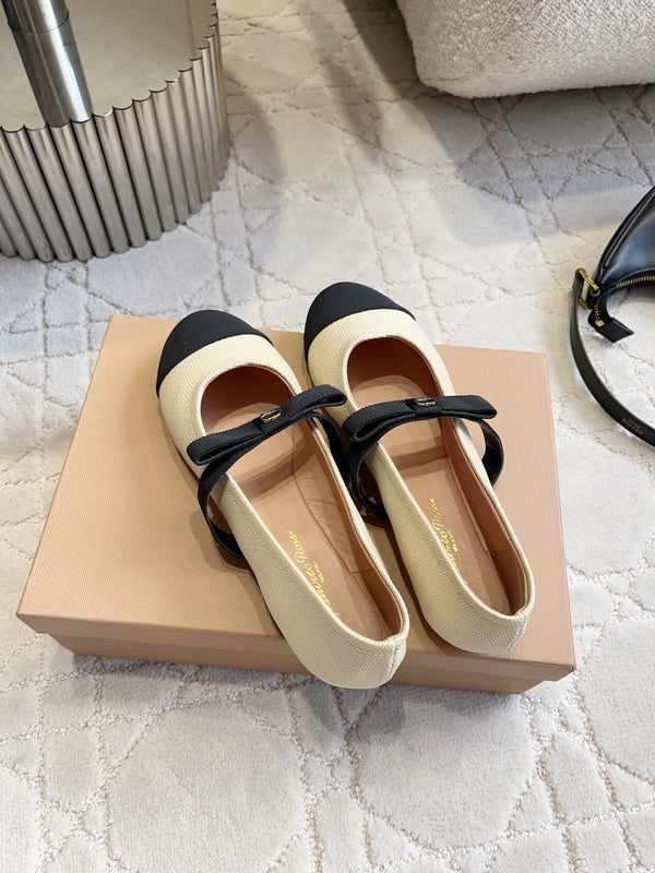 GR Mary Jane Flats Black Beige Lambskin & Fabric 851886