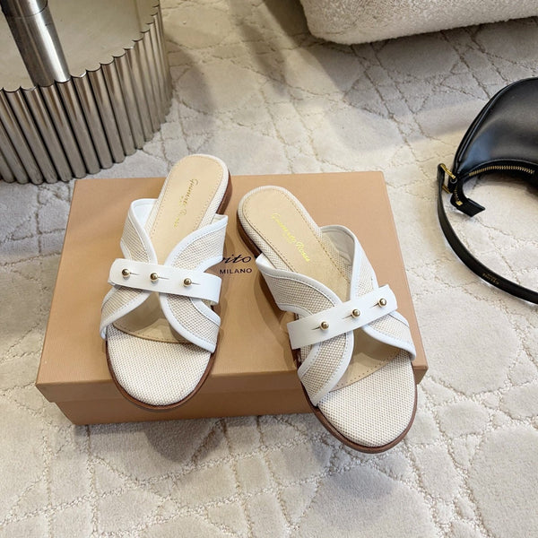 GR Paros Studded Flat Sandals White Cowhide & Fabric 851844