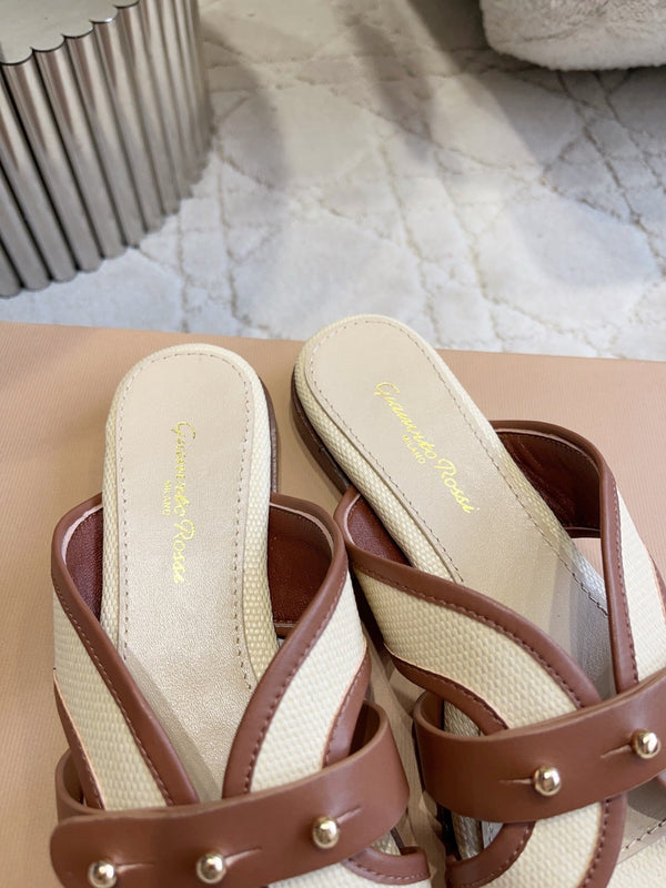 GR Paros Studded Flat Sandals Brown Cowhide & Fabric 851843