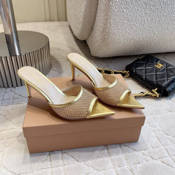 GR Pointed-Toe Mule Sandals 8.5cm Gold Metallic Cowhide & Mesh 854879
