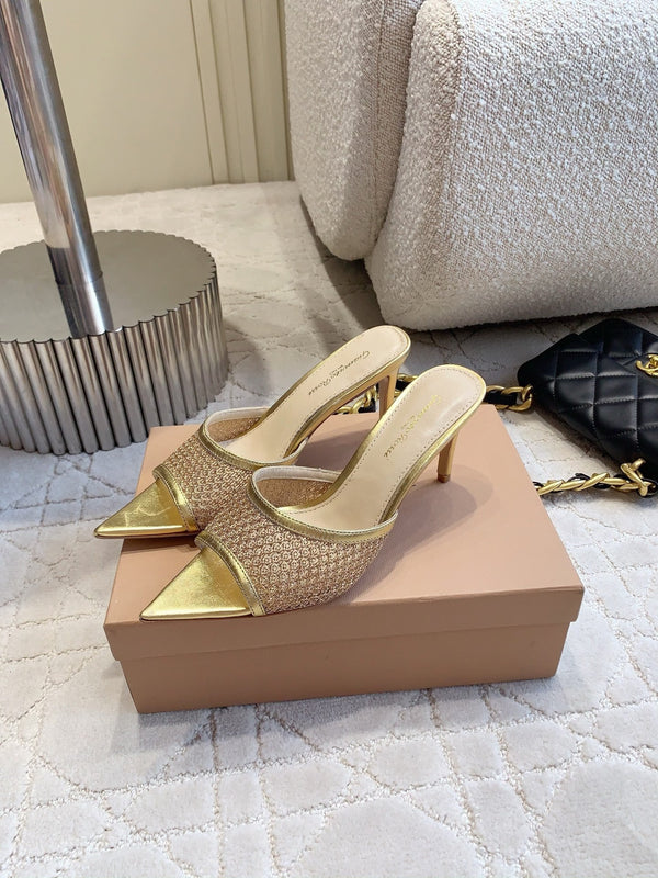 GR Pointed-Toe Mule Sandals 8.5cm Gold Metallic Cowhide & Mesh 854879