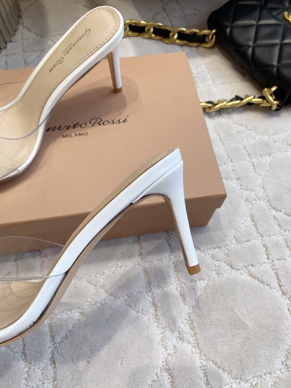 GR Pointed-Toe Mule Sandals 8.5cm White Patent Cowhide & PVC 854877