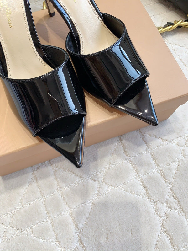 GR Pointed-Toe Mule Sandals 8.5cm Black Patent Cowhide 851874