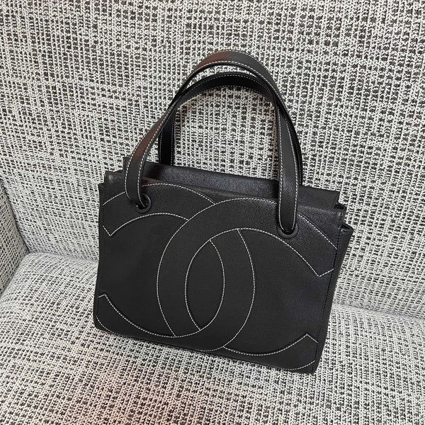 CC Vintage Contrast Stitch Tote Bag 29cm Black Caviar Leather