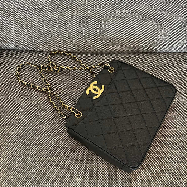 CC Vintage CC Lock Tote Bag 28cm Black Cowhide