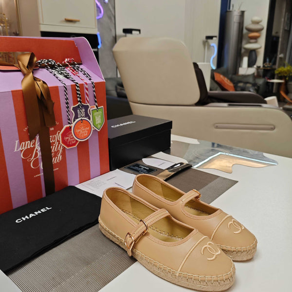 CC Espadrilles Beige Lambskin Leather Jute Sole 855752