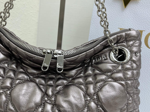 CD Small Cannage Quilted Tote Bag Silver Metallic Cowhide 158105