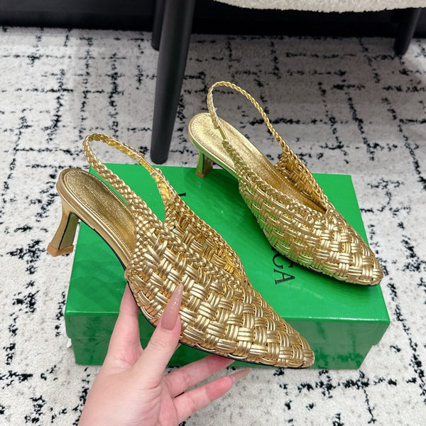 BV 26SS Intrecciato Slingback Heels 5.5cm Gold Metallic Woven Leather 858418