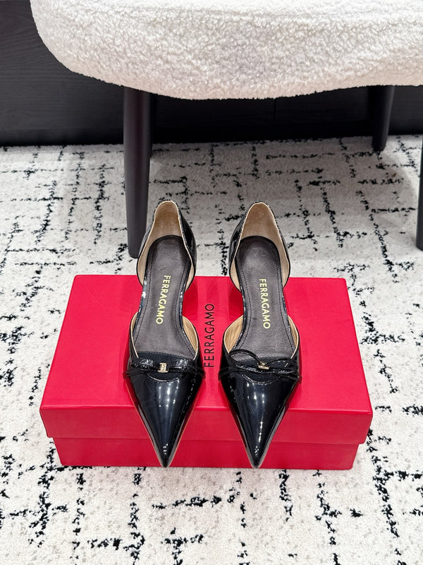 FG Gyoia Bow Pointed Toe Pumps 3.5cm Black Patent Leather 848410
