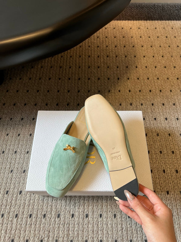 CD Baby Bow Mules Gold Bow Mint Green Suede 858671