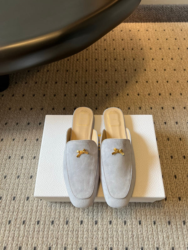 CD Baby Bow Mules Gold Bow Light Grey Suede 858669