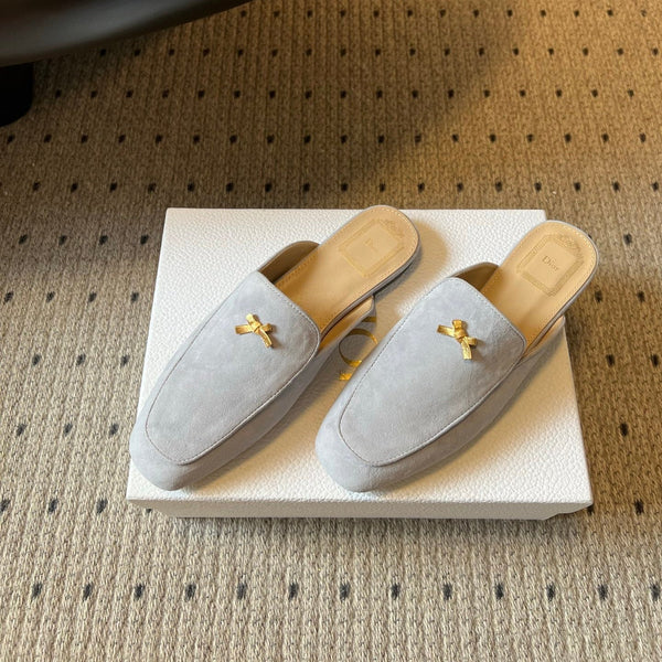 CD Baby Bow Mules Gold Bow Light Grey Suede 858669