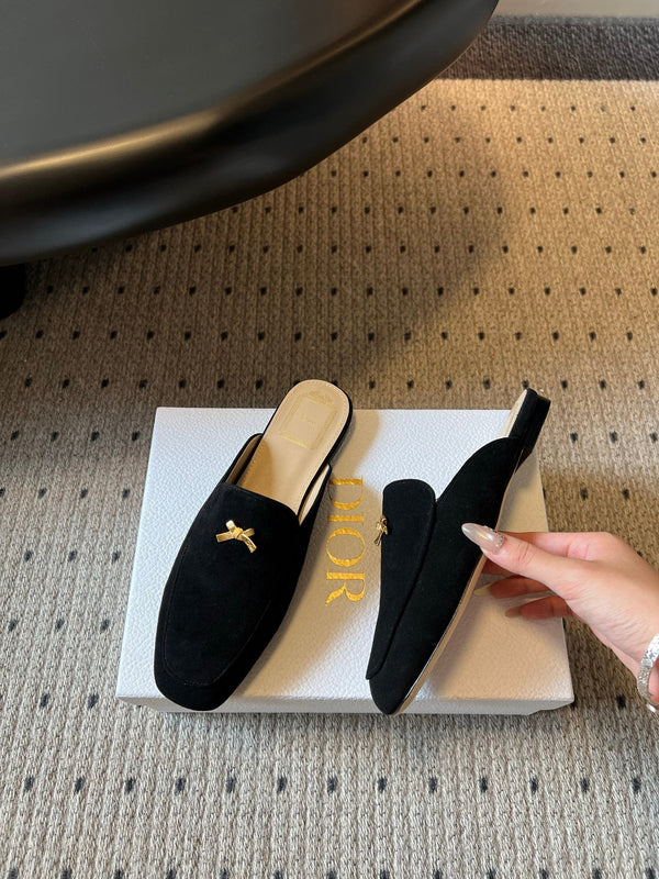 CD Baby Bow Mules Gold Bow Black Suede 858667