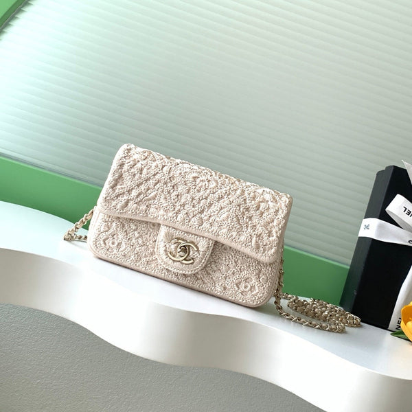 CC 26P Crochet Flap Bag Chain Strap 21cm White Tweed 292264