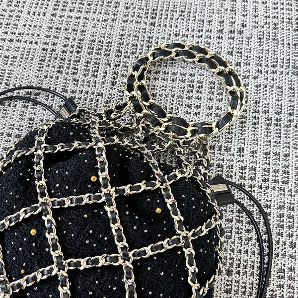 CC 21PF Chain Link Net Bag Drawstring Black Tweed Lambskin & Chain