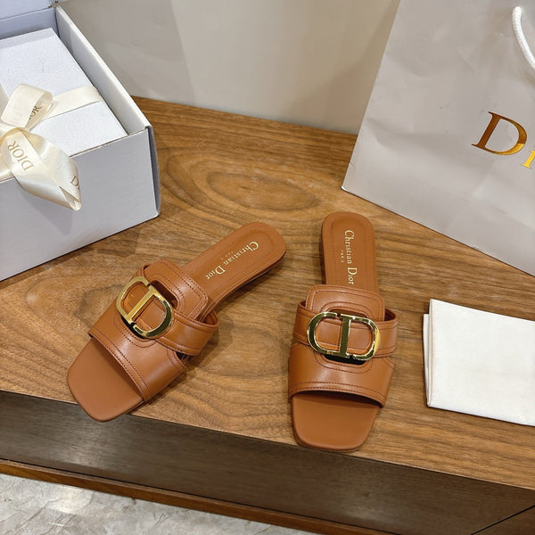 CD Montaigne Slides Buckle Camel Calfskin Leather 862370