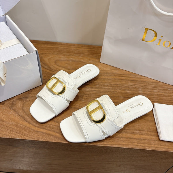 CD Montaigne Slides Buckle White Calfskin Leather 862367