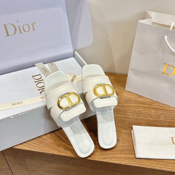 CD Montaigne Slides Buckle White Calfskin Leather 862367