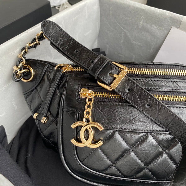 CC Front Zip Waist Bag Charm 34cm Black Lambskin