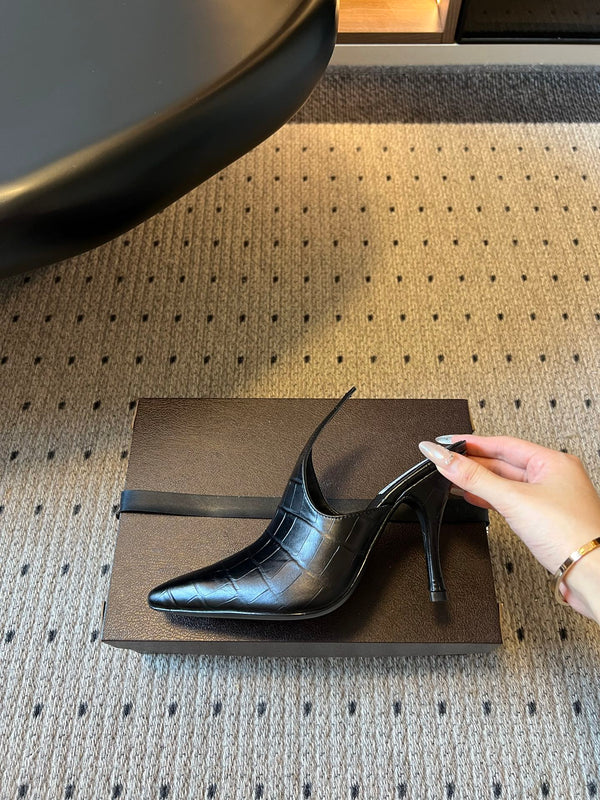 Alaia Croc-Embossed Pointed Toe Mules 10cm Black Cowhide