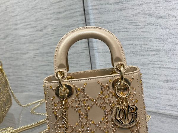 CD Mini Lady Dior Bag 17cm Beige Cowhide Leather Crystal 160004
