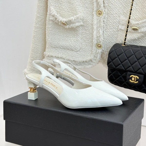 CC 26A Pointed Toe Slingback Pumps White Patent Cowhide 904668
