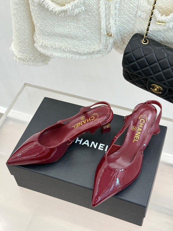 CC 26A Pointed Toe Slingback Pumps Burgundy Patent Cowhide 904667