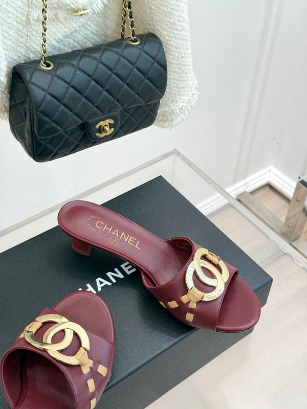 CC Flared Heel Mules Burgundy Lambskin Leather 904662