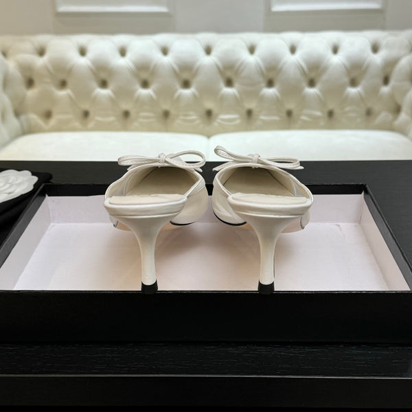 CC Bow Pointed Toe Mules White Mesh & Leather 912943