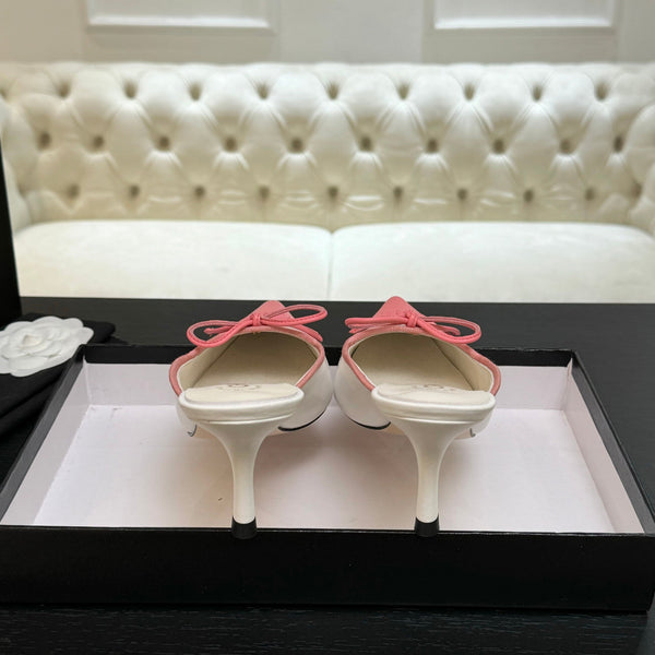 CC Bow Pointed Toe Mules Pink White Leather 912940
