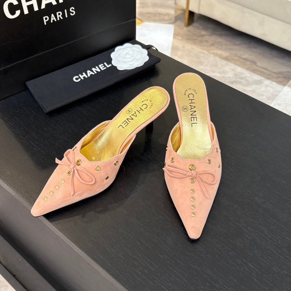 CC Grommet Bow Mules 6.5cm Pink Suede Leather 912927