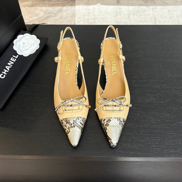 CC Snake Print Cap Toe Bow Slingback Pumps 6.5cm Beige Leather 912931