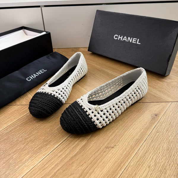 CC Braided Ballet Flats Black White Fabric 916121