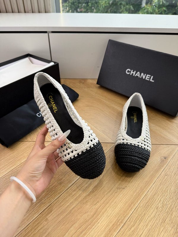 CC Braided Ballet Flats Black White Fabric 916121