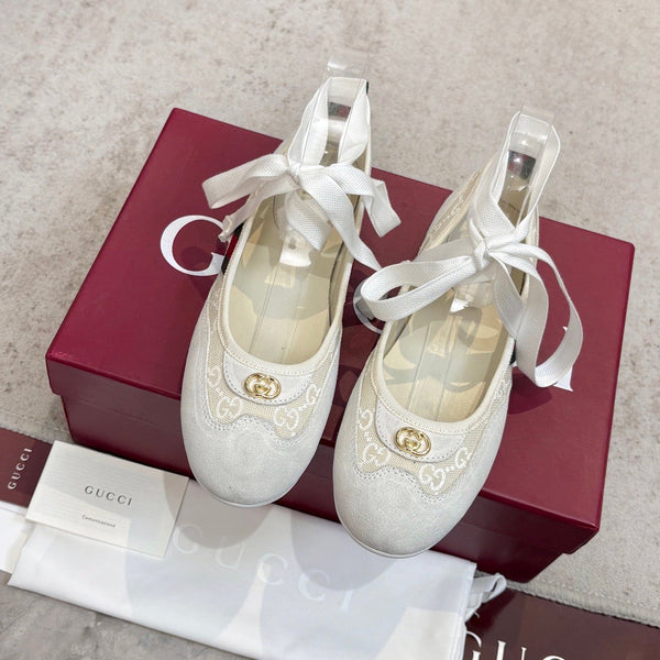 GG Lace-Up Ballet Flats White Canvas Suede 929236